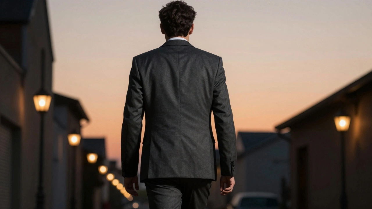 Confident person walking down a street into the sunset glow.