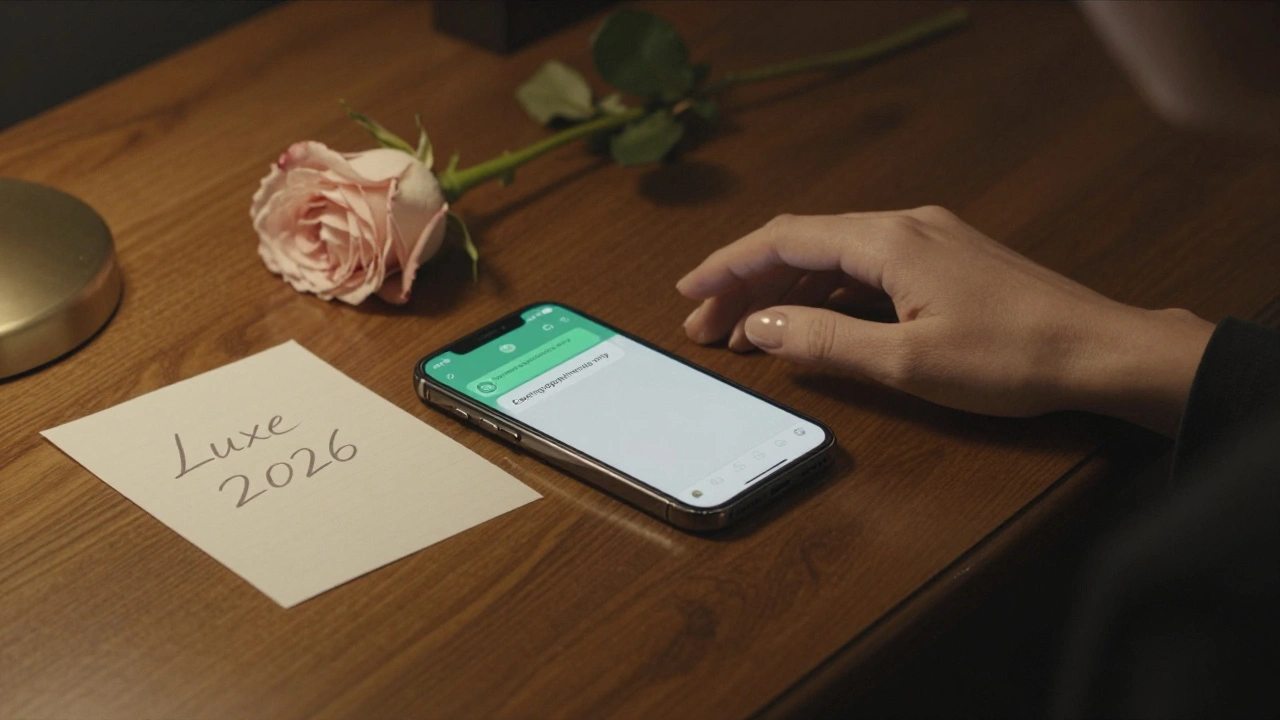 Elegant hands rest on a desk with a smartphone showing a discreet message and a handwritten note, a rose beside it.
