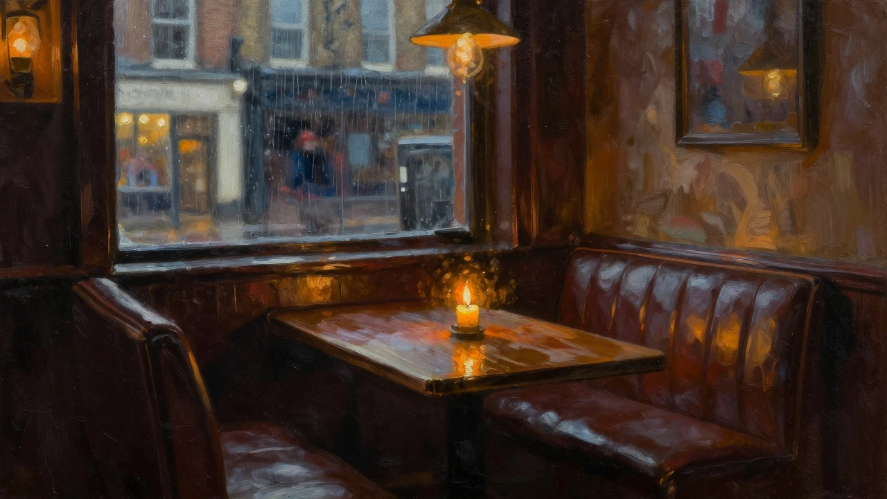 Empty table in dimly lit British pub with rain on window.