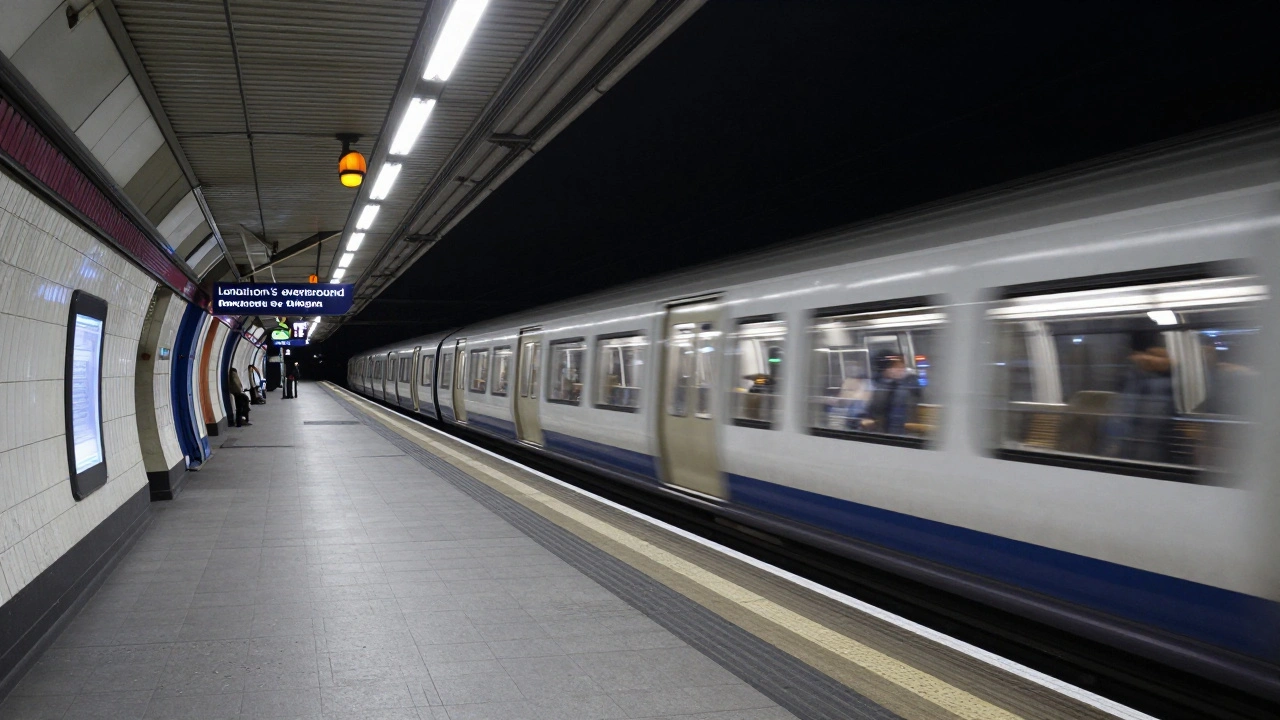 Empty train station platform with warm night lighting and blurred motion.