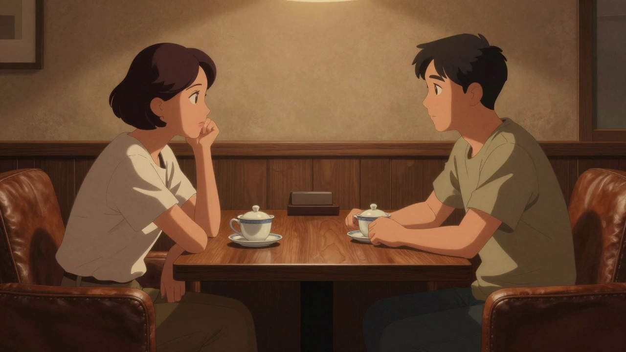 Illustration of two people having a drink and talking in a lounge.