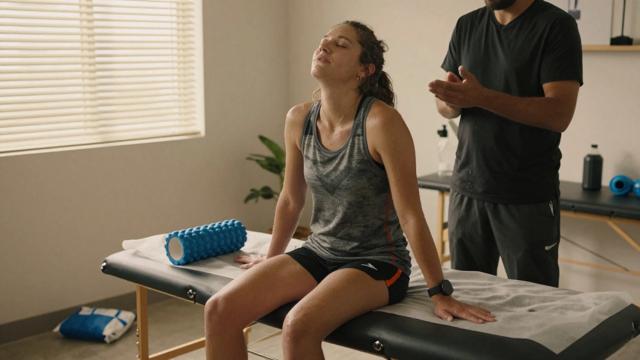 Runner experiencing profound relief after a sports massage, eyes closed in quiet euphoria.