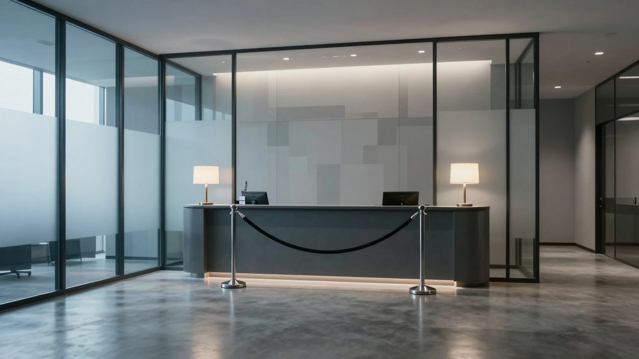 Secure modern office reception area with velvet barriers.