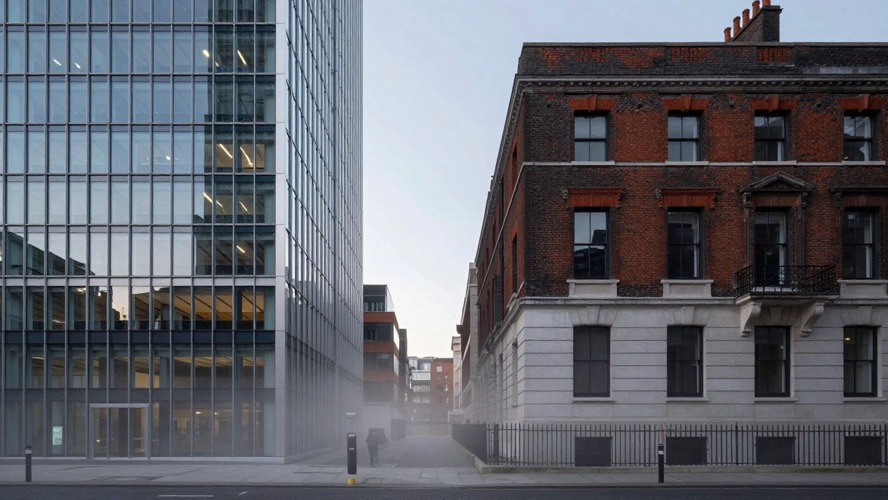 Split view of modern glass and traditional brick buildings.