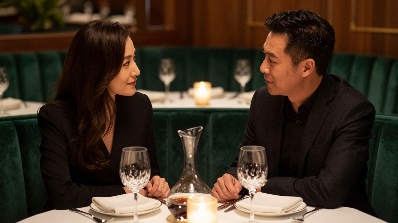 Two people conversing over wine at a private dinner table.
