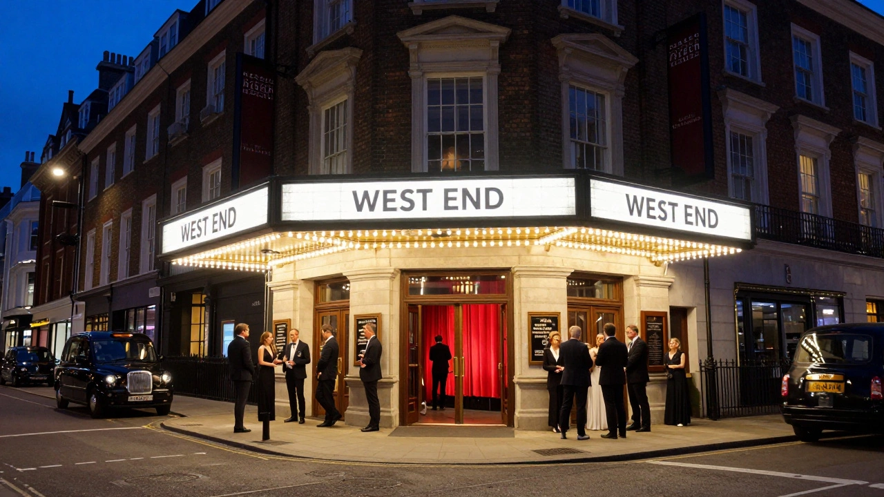 West End theatre exterior with illuminated marquee at night