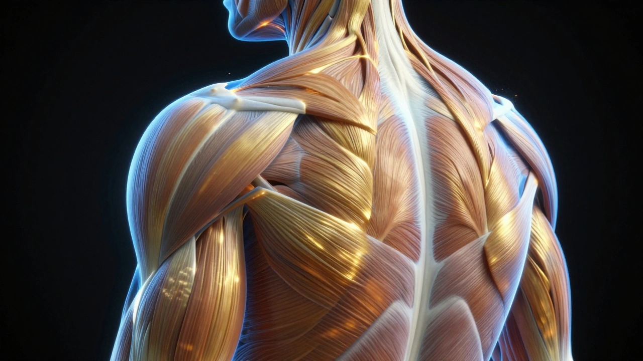 3D anatomical render of shoulder muscles showing glowing gold trigger points in the deep tissue