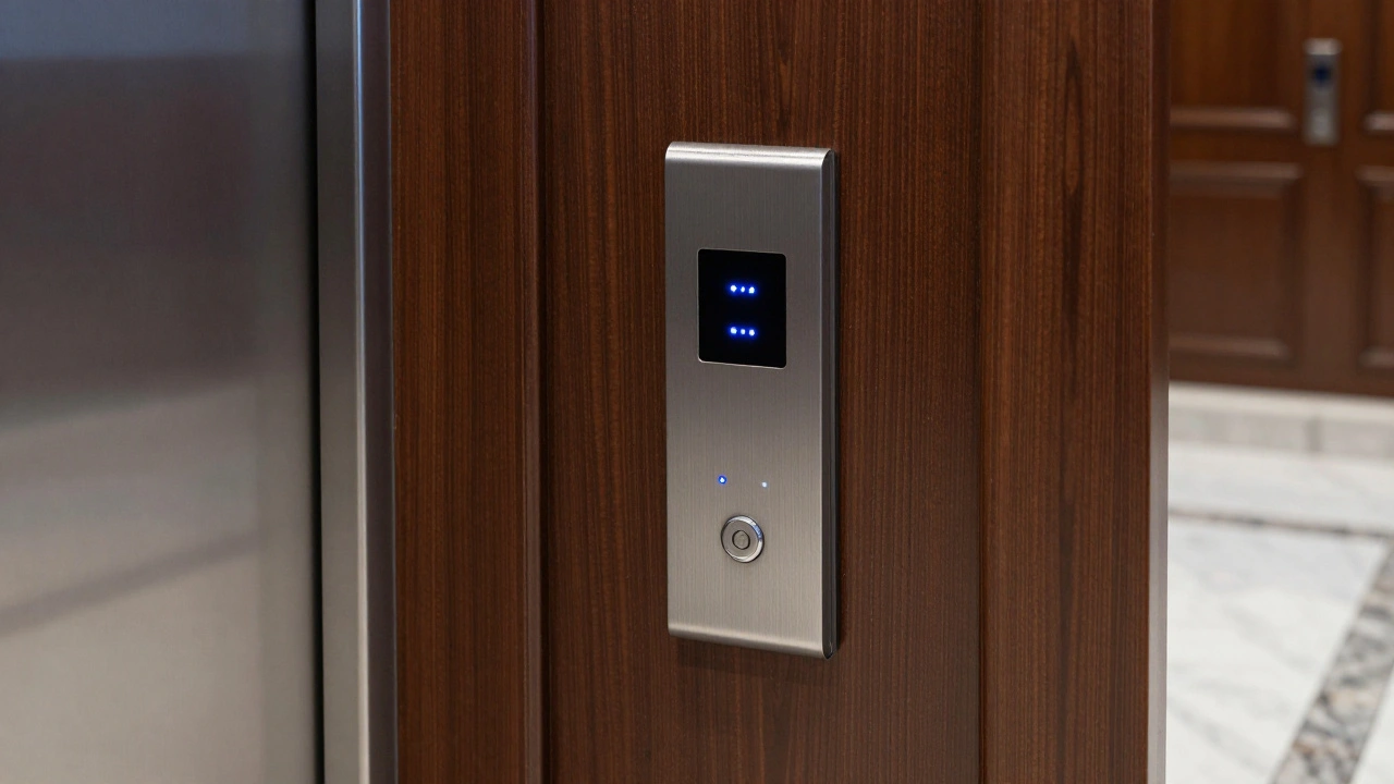 Biometric scanner panel on wooden wall in hotel hallway