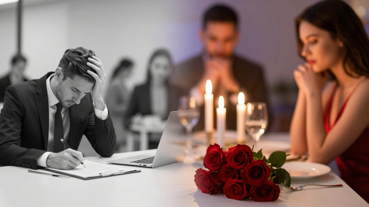 Conceptual split image showing a grayscale boardroom transitioning into a romantic dinner.