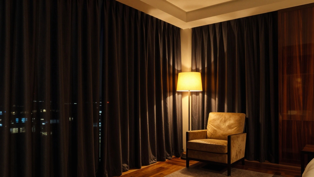 Darkened luxury hotel suite with warm lamp light