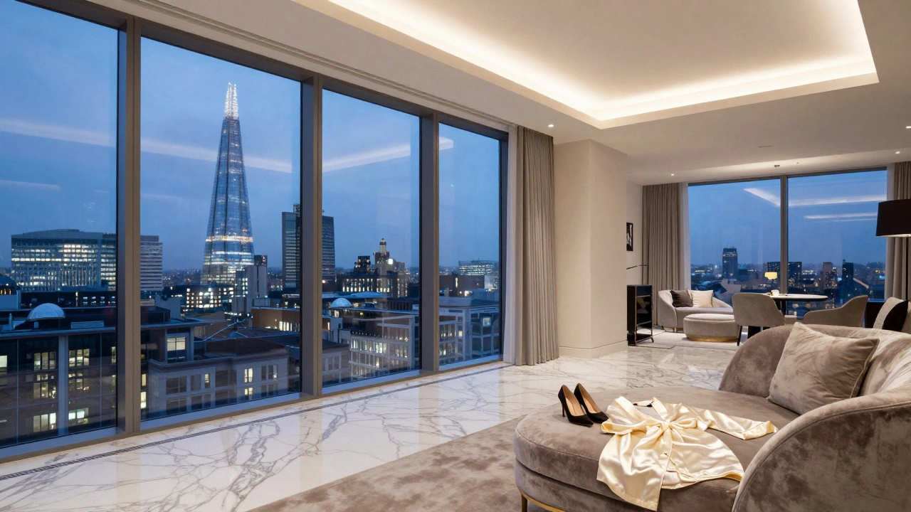 Luxury London penthouse suite with a city view and designer high heels on a lounge.